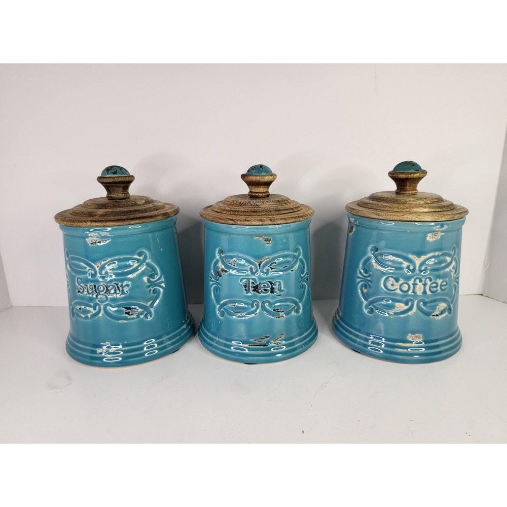Vintage IMAX Provincial Turquoise Ceramic Canister Set 3pc Sugar Tea Coffee
